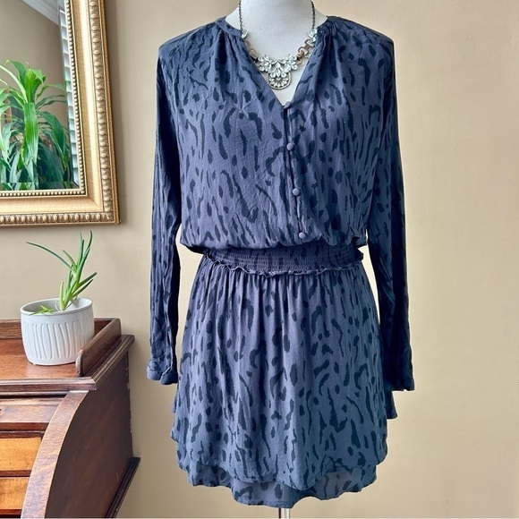 Rails Jasmine Long Sleeve Mini Dress Ash Gray Cheetah Leopard Print Smocked S - Picture 1 of 15